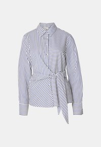 Camicia a righe bianca e blu, con design avvolgente, chiusura a bottoni, maniche lunghe e cintura da annodare in vita.
