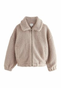 Faux fur jakke i lys beige med krave, elastiske mansjetter og lynlås foran. Den har en blød, tekstureret overflade og sidelommer.