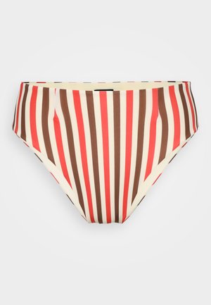 Bikini-bottom med høj talje, der har røde, brune og cremefarvede lodrette striber, blød tekstur og en glat finish.