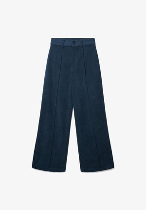 Pantaloni a gamba larga in corda di color blu navy scuro, con chiusura a bottone, pieghe e un tessuto testurizzato. Nessuna tasca visibile nel design.