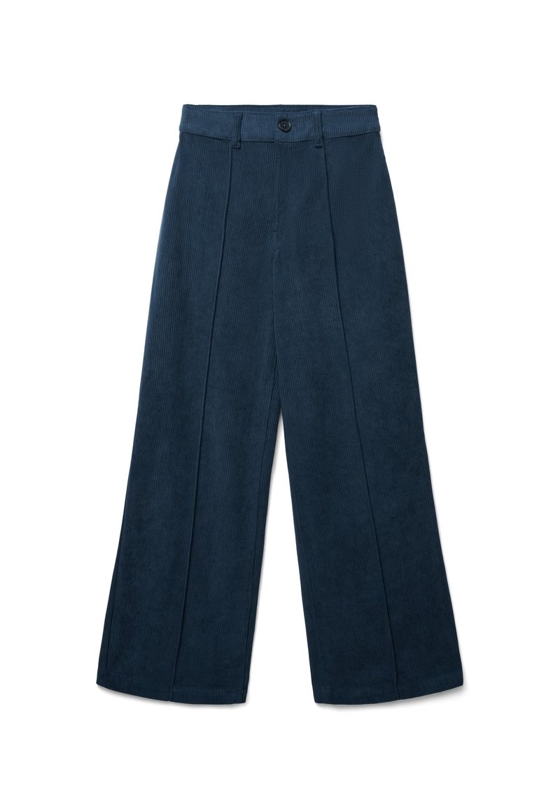 Weite Hose aus dunkelblauem Cordstoff, mit Knopfverschluss, Falten und einem strukturierten Stoff. Keine Taschen im Design sichtbar.