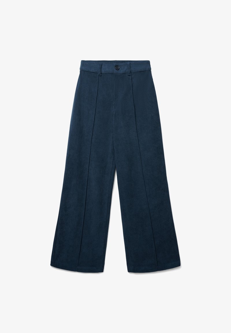 Weite Hose aus dunkelblauem Cordstoff, mit Knopfverschluss, Falten und einem strukturierten Stoff. Keine Taschen im Design sichtbar.