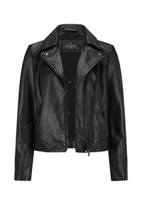 Schwarze Leder-Bikerjacke mit breiten Revers, asymmetrischem Frontreißverschluss und seitlichen Reißverschlusstaschen, entworfen von Milestone.