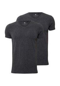 Two dark gray cotton T-shirts featuring short sleeves and a V-neck design, smooth texture, and a simple, classic cut.