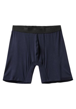 Navy blue boxer briefs made of soft fabric, featuring a black elastic waistband with "FINN" logo, contrasting seams, and a contoured pouch.