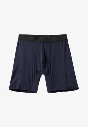 Navy blue boxer briefs made of soft fabric, featuring a black elastic waistband with "FINN" logo, contrasting seams, and a contoured pouch.