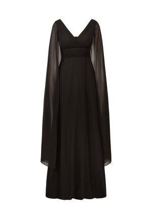 Zwarte jurk met een V-hals en lange doorzichtige mouwen, met een geplooid lijfje en een vloeiende rok, gemaakt van lichtgewicht stof.