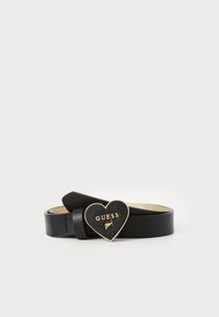 Ceinture en cuir noir avec une boucle en or en forme de cœur, arborant le mot "GUESS" en lettres noires et une finition lisse.