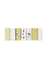 Set van zes opgerolde katoenen babyleggingen in grijs, groen en wit. Bevat karakters, strepen en pastelaccenten met satijnen strikjes.