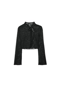 Blusa cropped in pizzo nero con maniche lunghe, colletto arrotondato e chiusura a fiocco al collo. Delicato motivo floreale su tutta la superficie.