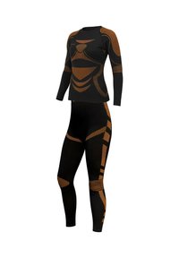 Black athletic set featuring a long-sleeve top and leggings. Orange patterned accents and textured designs throughout. Stretchy, fitted material.