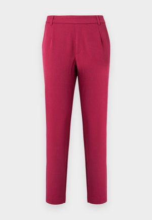Crimson tailored trousers with a smooth texture, tapered legs, a flat front, and belt loops. Designed for a fitted look.