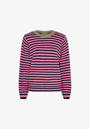 Lyserød og mørkeblå vandretstribet trøje med lange ærmer og en beige rund halsudskæring.