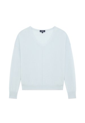 Suéter de punto azul claro con escote en V, hombros caídos y dobladillo acanalado. Textura suave con un diseño limpio y simple.