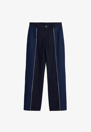 Pantaloni din denim cu croi lejer, având panouri contrastante de culoare albastru închis și cusături albe pe părțile laterale. Închidere cu buton în față.