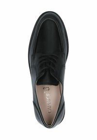 Scarpa in pelle nera con lacci, punta tonda, texture liscia e design minimalista. Presenta dettagli di cucitura e soletta con marchio.