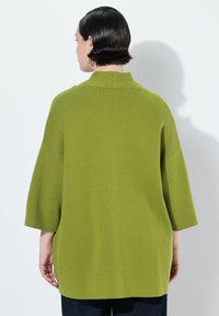 Nadváhový zelený pletený svetr s vysokým výstřihem, 3/4 rukávy a jemnou texturou, zobrazený zezadu na světlém pozadí.