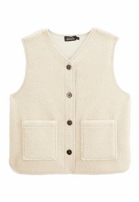 Gilet en polaire sans manches beige avec quatre boutons foncés et deux poches plaquées à l'avant, doté d'un col en V et d'une bordure simple.