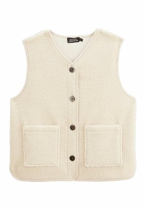 Gilet en polaire sans manches beige avec quatre boutons foncés et deux poches plaquées à l'avant, doté d'un col en V et d'une bordure simple.