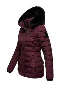 Maroon puffer coat with a black fur-lined hood. Features quilted design, zip and button closures, and side pockets with button accents.