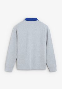 Grijze sweatshirt met een blauwe kraag, met lange mouwen, een relaxte pasvorm en een zachte textuur. Geen graphics of versieringen.