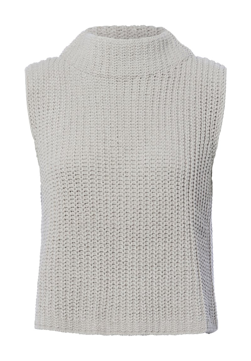 Ärmelloser, hochgeschnittener Pullover in Hellgrau, aus strukturiertem Strickstoff mit lockerer Passform und geradem Saum.