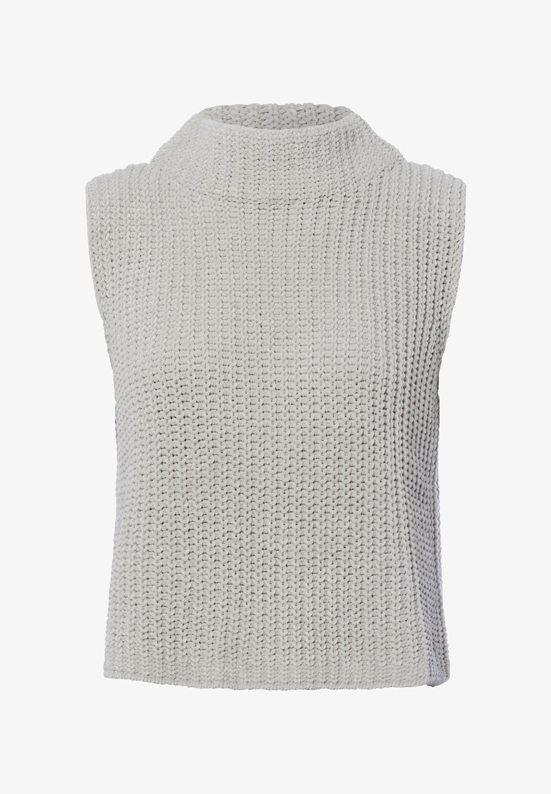 Sleeveless, high-neck sweater in light gray, made of textured knit fabric with a loose fit and straight hem.