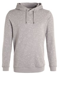 Jasnoszary longsleeve pulower z kapturem, z białym, prążkowanym wzorem, regulowanym kapturem, ściągaczem na rękawach i u dołu.