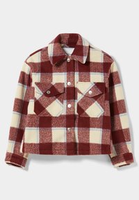 Röd och krämfärgad rutigt flanelljacka med blå accenter, med krage, två framfickor och silverfärgade tryckknappar. Strukturerad tyg.