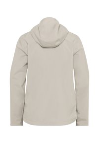 Beige lichtgewicht jack met een capuchon, lange mouwen, een gladde textuur en een eenvoudig ontwerp zonder zichtbare patronen of accenten.