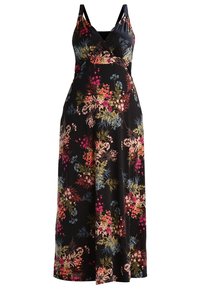 Svart blommig maxiklänning med en wrap-design, som har livfulla flerfärgade blommor och blad, justerbara band och ett mjukt tyg.