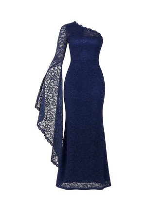 Marineblauwe kanten jurk met een aansluitende silhouet, één lange klokmouw, bloemendessin, gegolfde halslijn en een vloerlang broek.