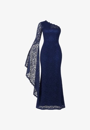 Marineblauwe kanten jurk met een aansluitende silhouet, één lange klokmouw, bloemendessin, gegolfde halslijn en een vloerlang broek.