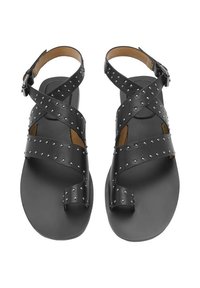 Sandale negre din piele cu barete împletite și detalii cu ț studs. Au vârful deschis și un toc plat. Cataramă ajustabilă la gleznă.