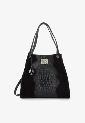 Zwarte handtas met een mix van glanzende nep-krokodillenleer en zachte stoffen. Gestructureerde vorm met twee stevige schouderriemen en zilveren hardware.
