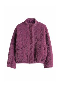 Steppjacke in tiefem Violett mit hohem Kragen, zwei vorderen Taschen, elastischem Saum und durchgehend strukturierten Mustern.