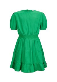 Green, short-sleeve dress with a smocked waistband, tiered skirt, soft texture, and button closure at the back.