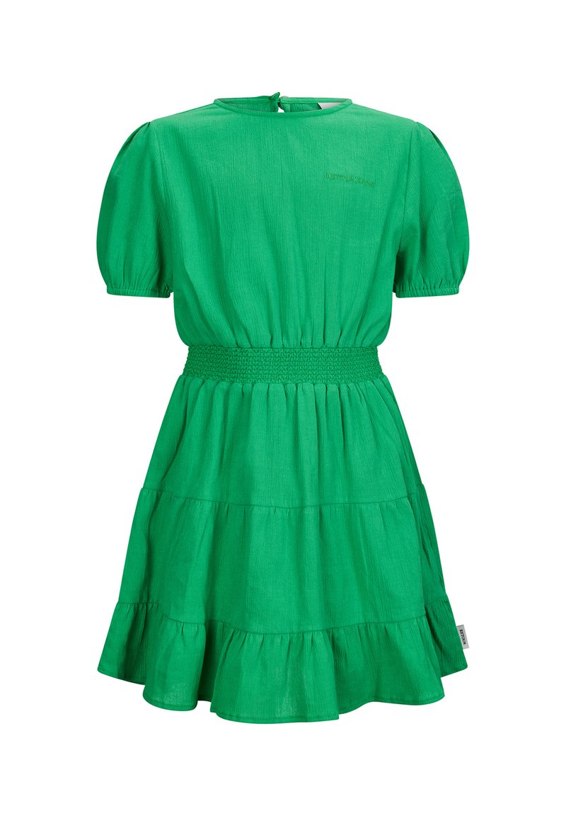 Green, short-sleeve dress with a smocked waistband, tiered skirt, soft texture, and button closure at the back.
