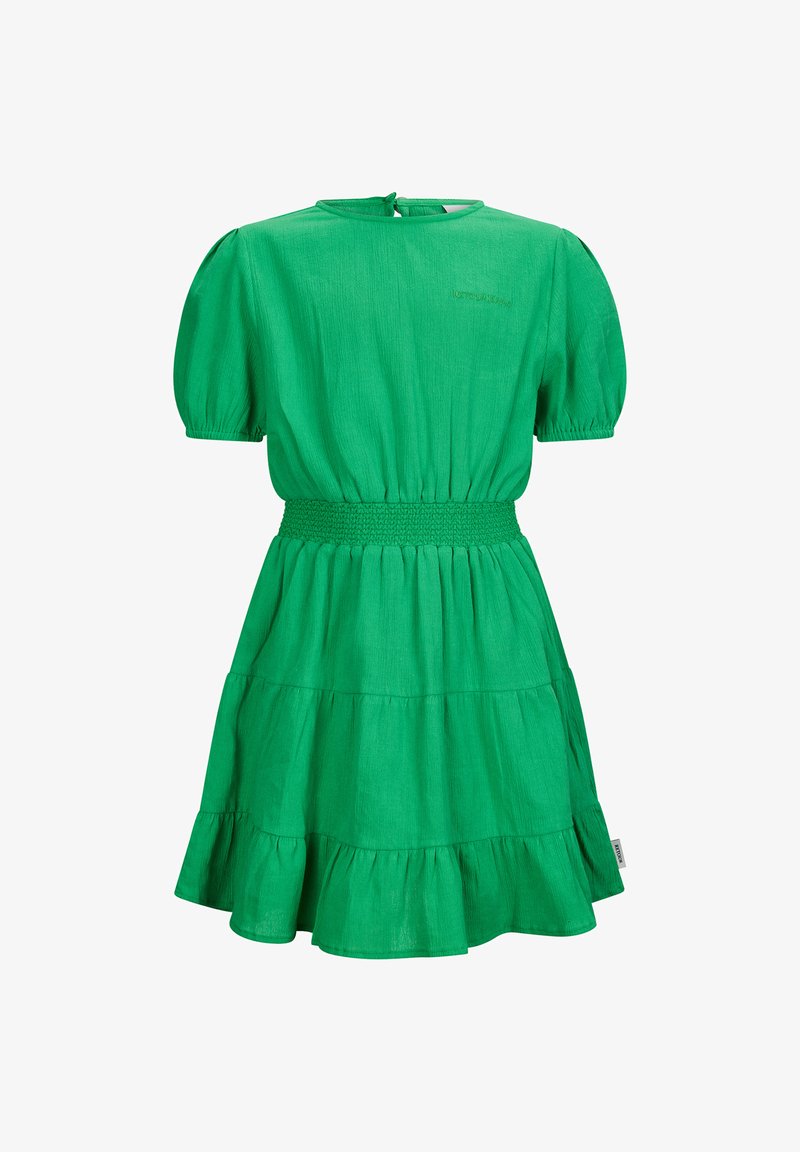 Green, short-sleeve dress with a smocked waistband, tiered skirt, soft texture, and button closure at the back.