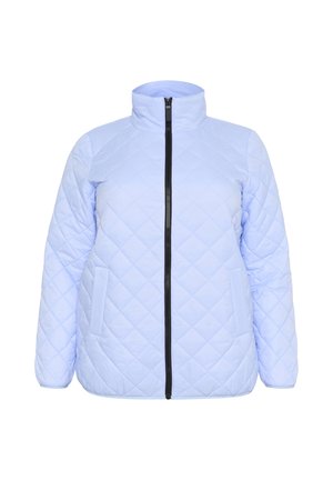 Világoskék steppelt dzseki magas gallérral, teljes elülső cipzárral és oldalsó zsebekkel. Simább tapintású, gyémánt mintázattal.