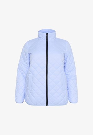 Világoskék steppelt dzseki magas gallérral, teljes elülső cipzárral és oldalsó zsebekkel. Simább tapintású, gyémánt mintázattal.