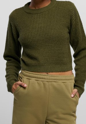 Pull court en maille texturée vert olive porté avec un pantalon de jogging beige taille haute, mains dans les poches, sur fond gris uni.