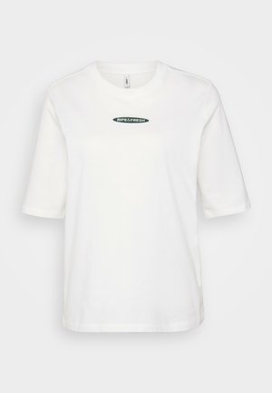 Valkoinen puuvillapaitake, jossa on lyhyet hihat, edessä on keskellä vihreä logo "RIPE&FRESH", yksinkertainen pyöreä kauluspitsi.