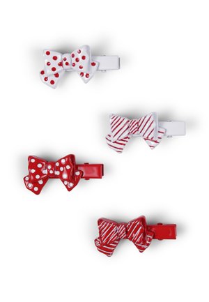 Set di quattro fermagli per capelli a forma di fiocchi, con schemi di colori rosso e bianco, pois e motivi a righe. Realizzati in plastica lucida.