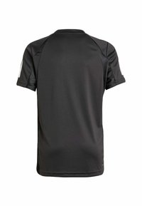 Schwarzes Sportshirt aus glattem, feuchtigkeitsableitendem Material. Mit kurzen Ärmeln, runder Ausschnitt und einem einfachen, klaren Design ohne Muster.