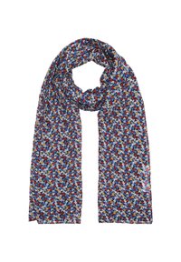 Écharpe à motifs colorés présentant un mélange de nuances de bleu, rouge, blanc et jaune, fabriquée en tissu léger et texturé.