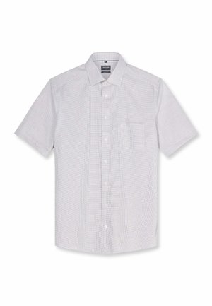 Chemise homme à manches courtes avec petit motif à carreaux en blanc et gris clair, avec col classique et poche sur la poitrine gauche.