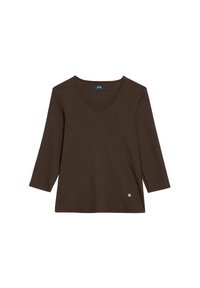 Ciemnobrązowa koszula z dekoltem w serek i długimi rękawami z małym złotym emblematem w okolicy dołu, wyeksponowana na białym tle.