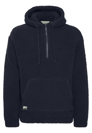 Marineblauer Fleece-Pullover mit halbem Reißverschluss, vordertasche im Känguru-Stil und Kapuze mit Kordelzug. Aus hochwertigem, plüschigem Material.