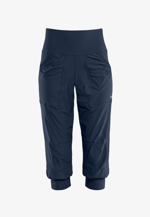 Navy blue capri pants made of lightweight material, featuring a wide waistband, two side pockets, and ribbed cuffs at the ankles.